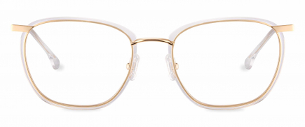 Drew optical frame in the colour Clear Crystal displayed in front angle view.
