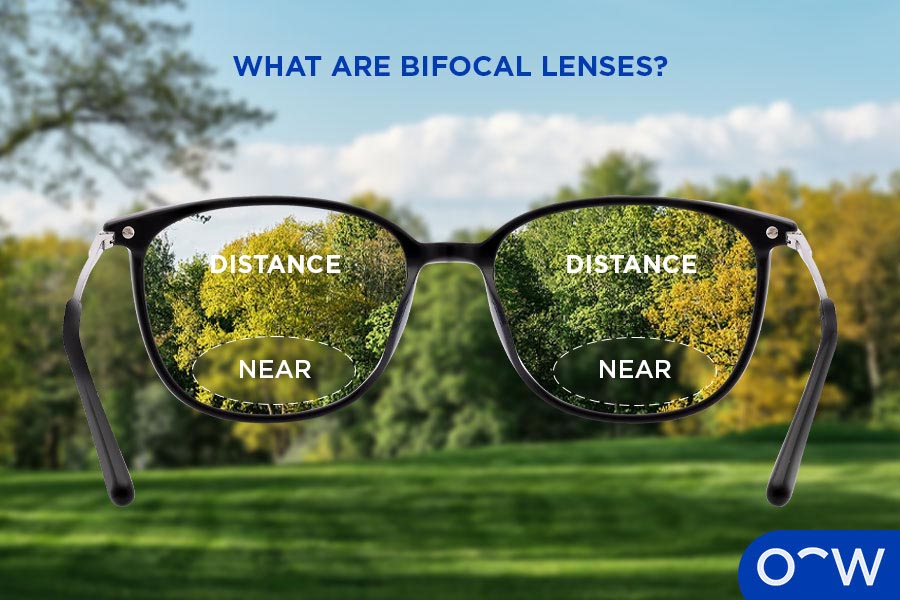 A pair of glasses with bifocal lenses, showing where the
magnification is.