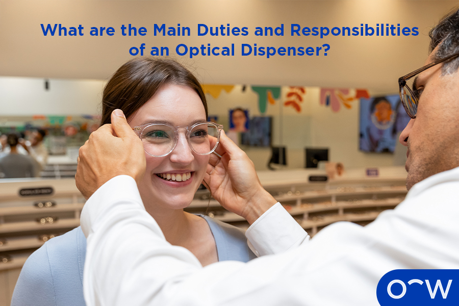 An optical dispenser assisting a customer with their glasses