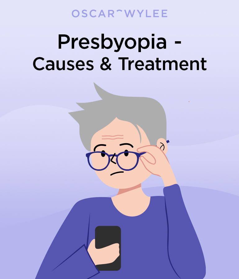 Illustration of an older lady holding a mobile phone and adjusting her glasses with one hand as she has trouble seeing the screen clearly.