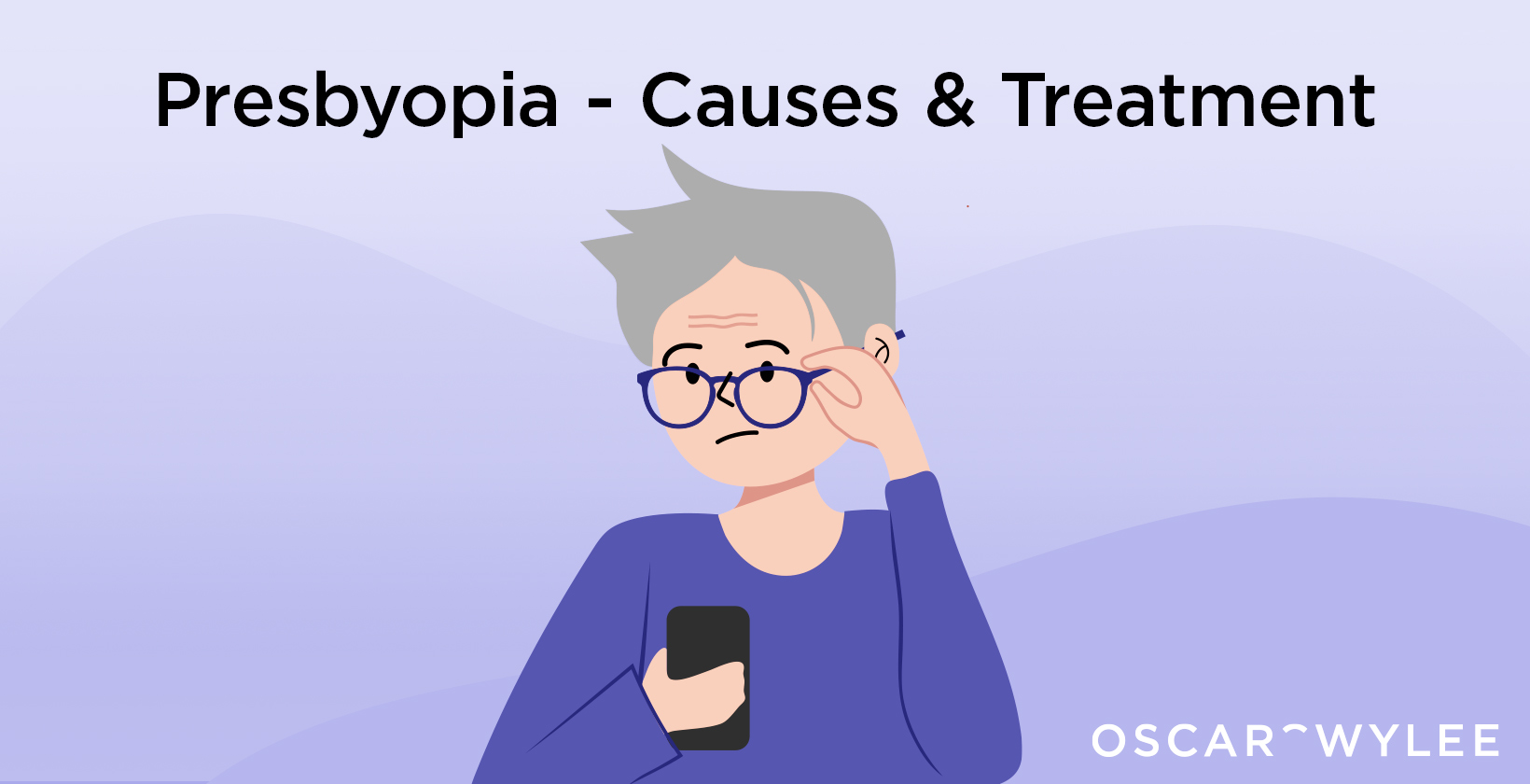 Illustration of an older lady holding a mobile phone and adjusting her glasses with one hand as she has trouble seeing the screen clearly