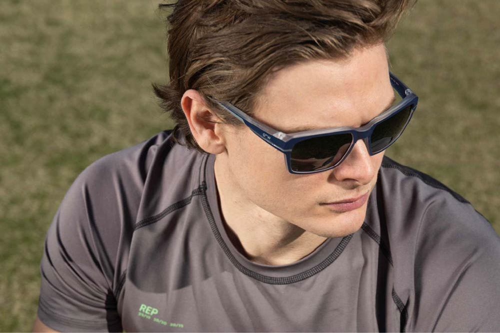 YannisTR90 sunglasses frame worn by model.
