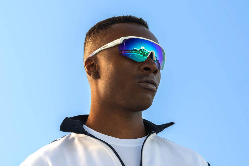 FalconTR90 sunglasses frame worn by model.