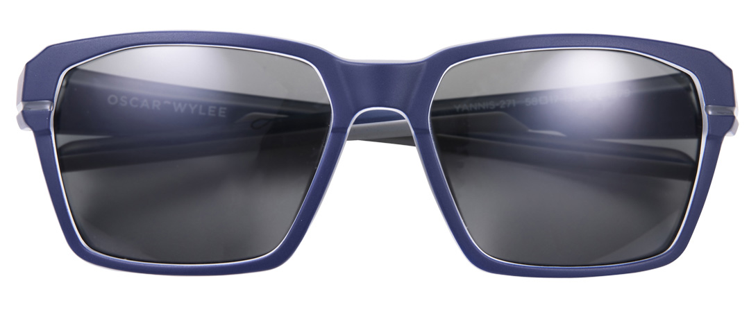 Yannis frame in the colour Paco Blue displayed in flat angle view.