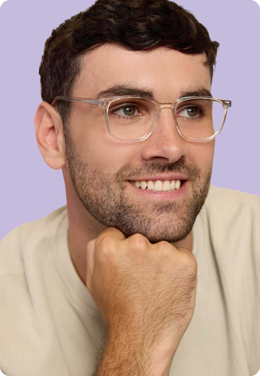 A model wearing Oscar Wylee Parker frame in Clear Crystal.