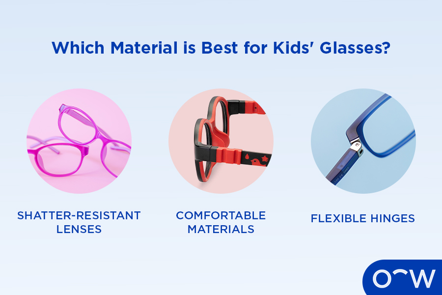 Three images of shatter-resistant kids' lense, from latex-free hypoallergenic frames and flexible hinges.