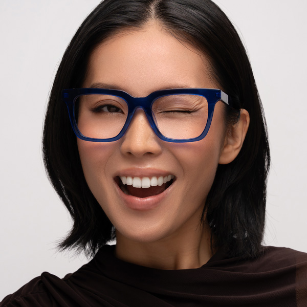 Model wearing Serge optical frame in Bright Cobalt.
