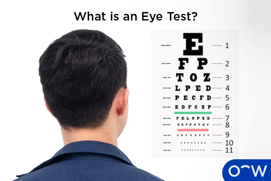 A person looking at a Snellen Chart which is a type of eye test that can assess visual acuity.