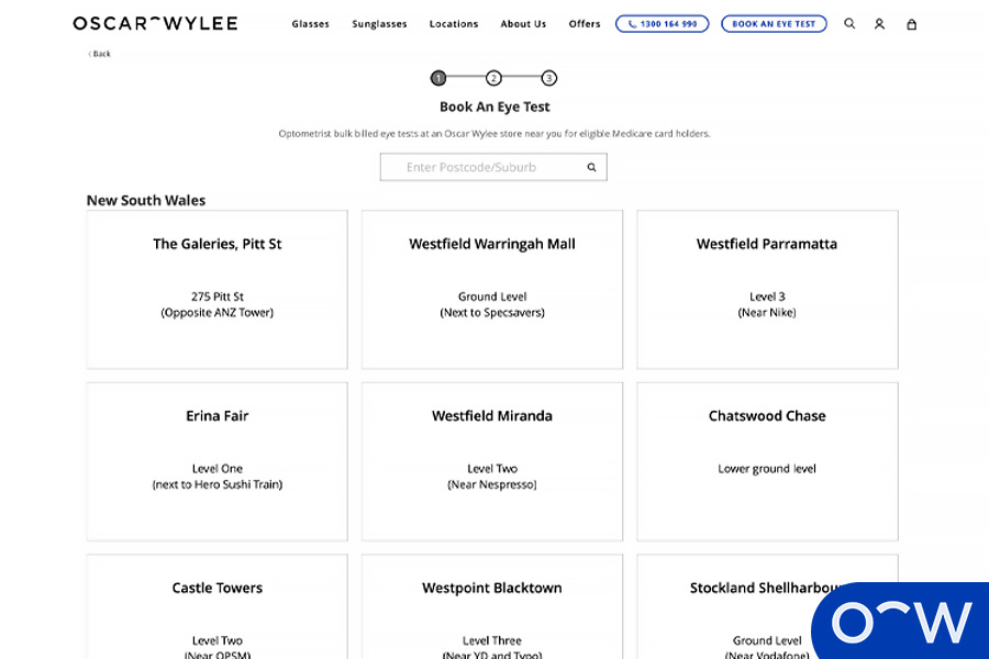 A screenshot of Oscar Wylee’s booking page, showing how you book an eye test.