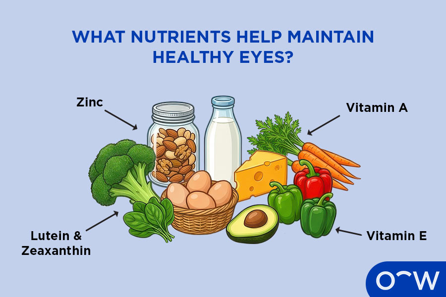 An infographic showing the nutrients best for healthy eyes: Vitamin A, Vitamin E, Zinc, and Lutein and Zeaxanthin. 