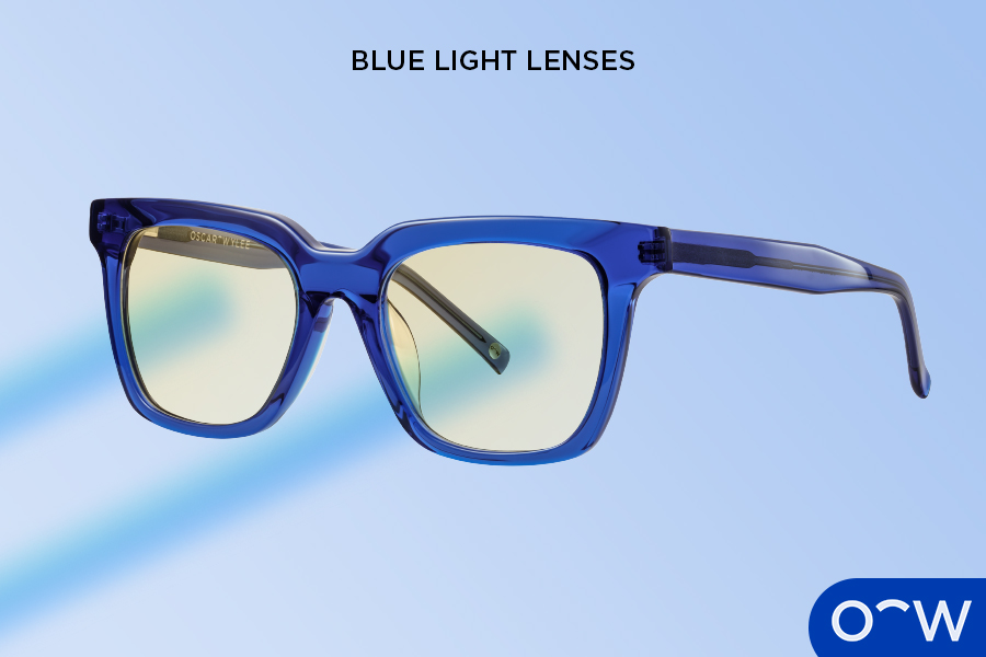 Blue Light Lens Glasses. Image shows lenses blocking blue light rays.
