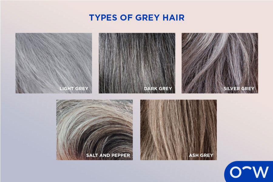 An image sample of several types of grey hair including light grey hair, dark grey hair and silver grey hair.