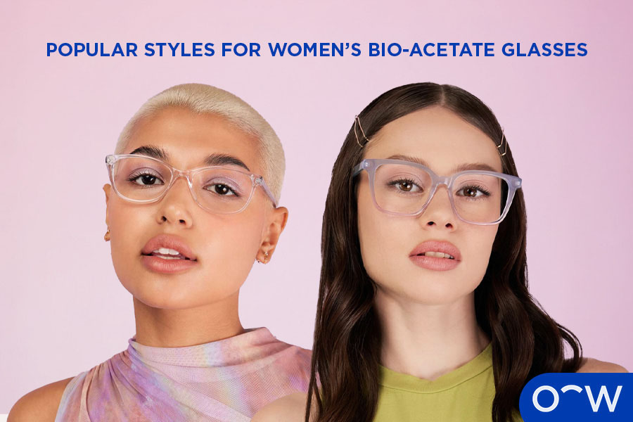 A photo of two women with bio-acetate glasses.