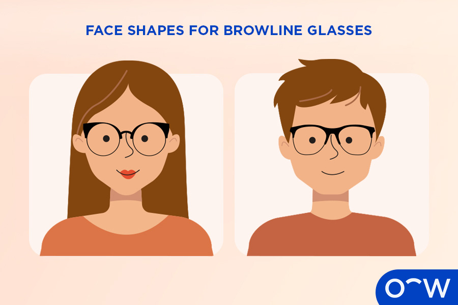Illustration of a woman’s face and a man’s face with browline glasses on
