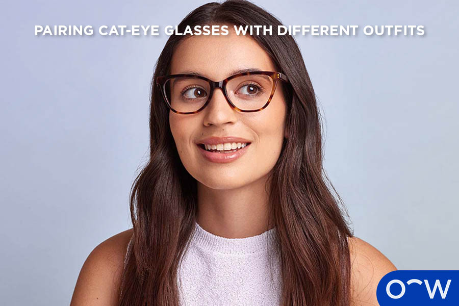 A woman wearing Oscar Wylee cat-eye glasses.