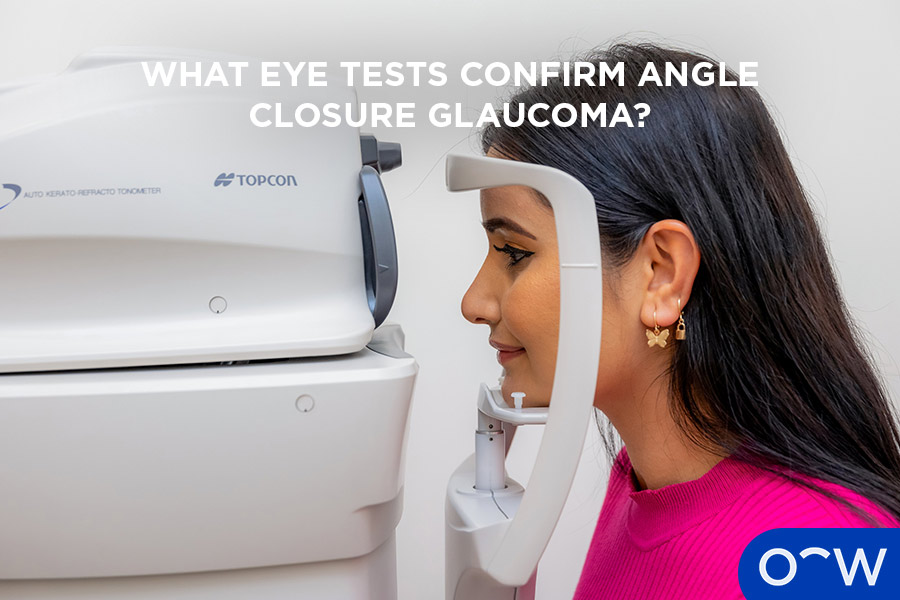 A photo of a patient having a tonometry and ophthalmoscope test.