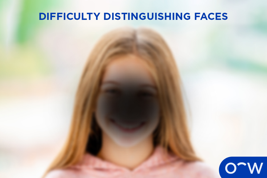 A face that is distorted by blurred central vision and a dark, hazy spot.