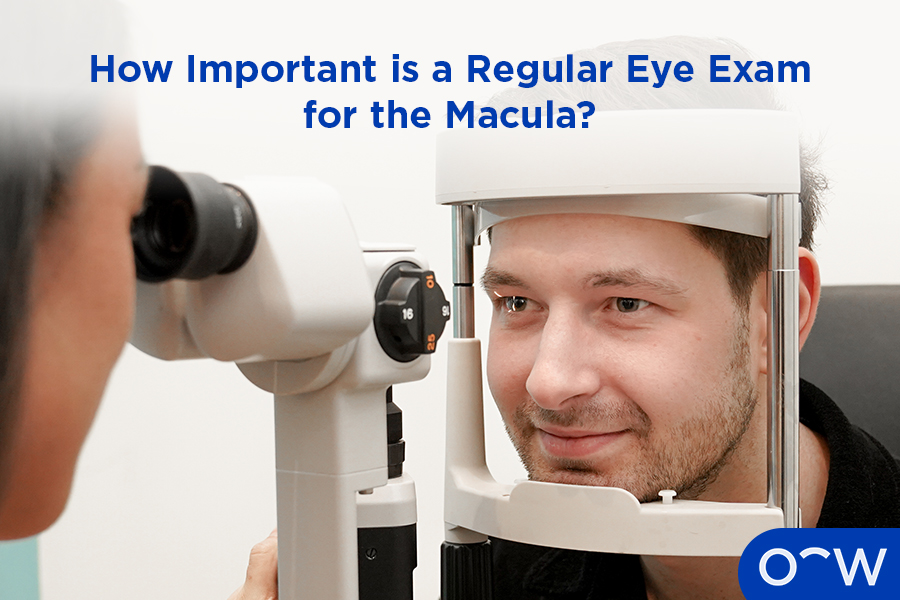 An optometrist conducting an eye test, which assesses the health of the eyes including the macula.