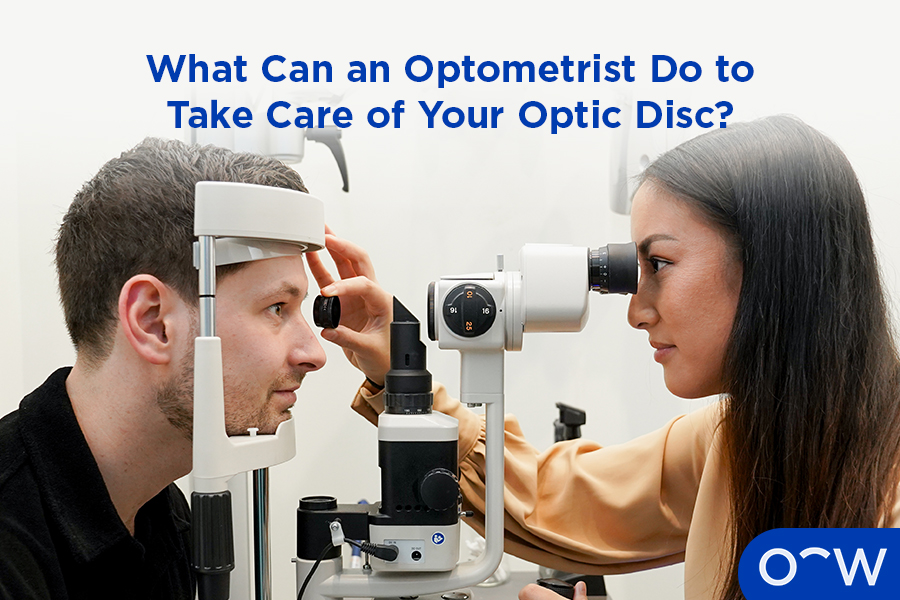 An optometrist conducting an eye test to assess the health of the eyes, including the optic nerve.