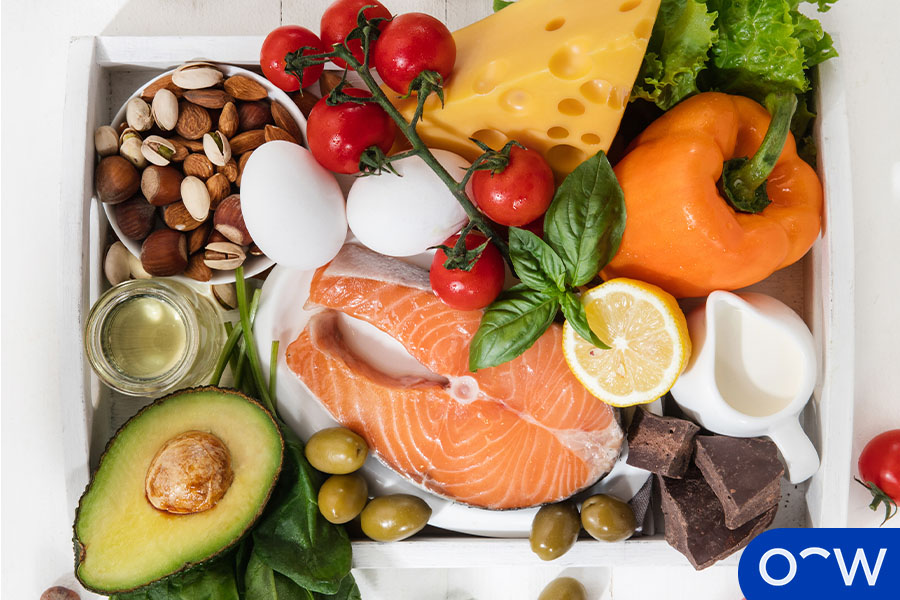 A collection of foods including salmon, leafy greens and avocado, that can be beneficial for eye health.