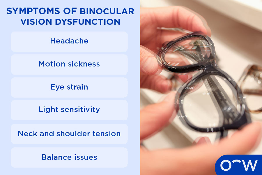 Illustration depicting BVD symptoms including headache, motion sickness, eye strain, light sensitivity, neck and shoulder tension and balance issues.