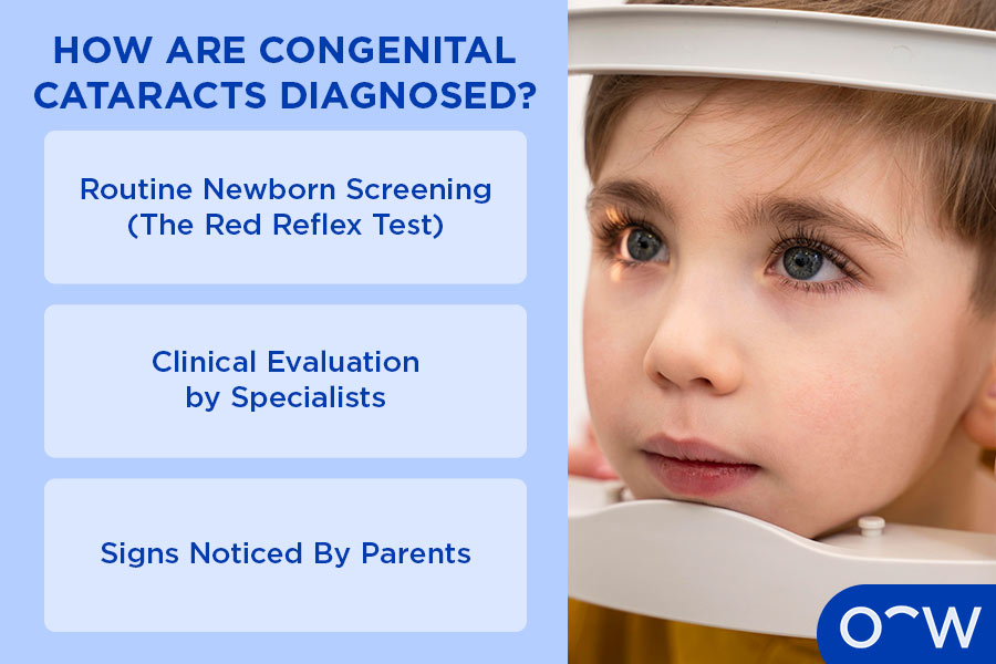 An infographic explaining the 3 main ways congenital cataracts are diagnosed
