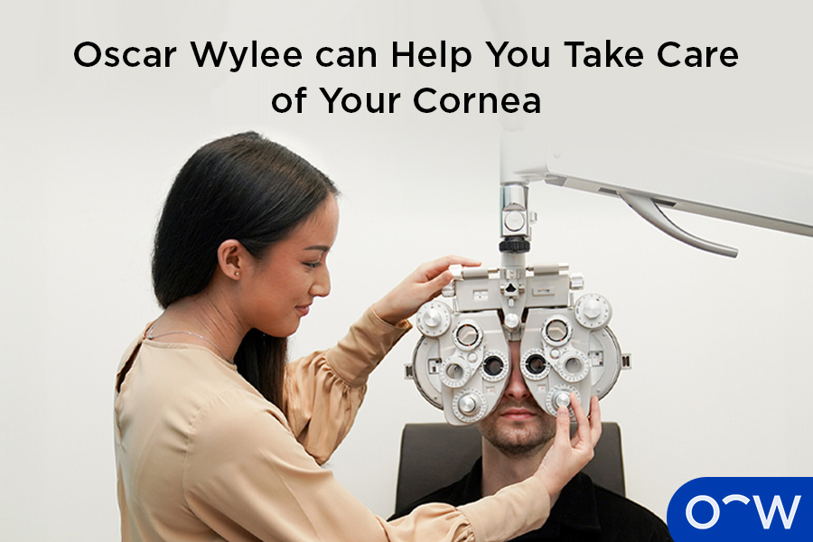 A patient receiving an eye test at Oscar Wylee to take care of
            their cornea and overall eye health.