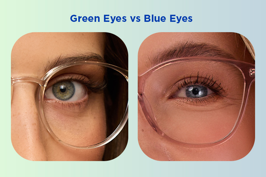 Close-up of blue eyes above green eyes