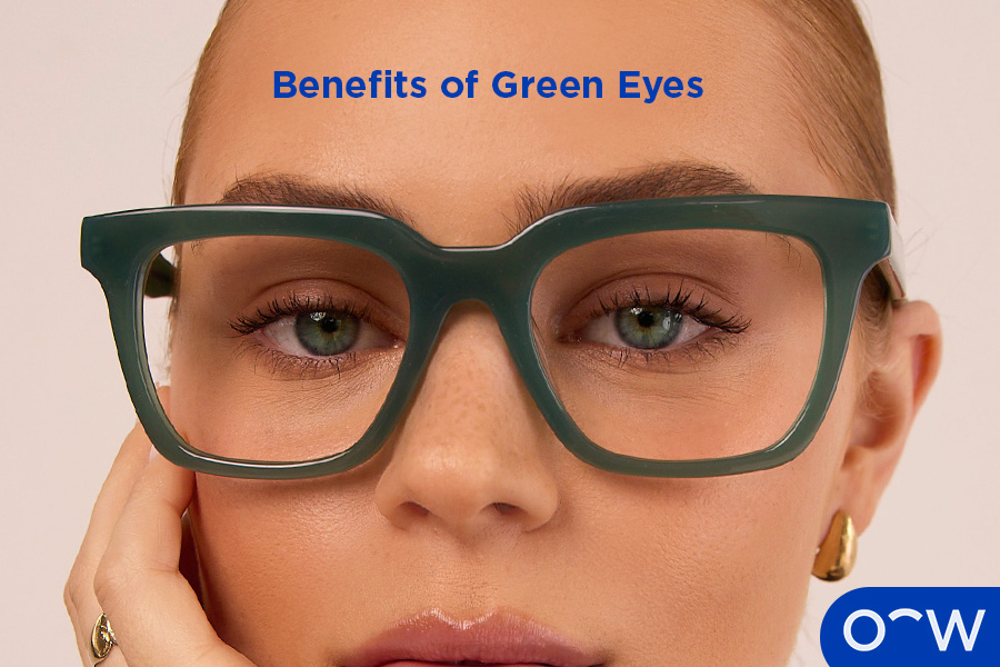 Close-up of a girl with green eyes wearing Oscar Wylee glasses.