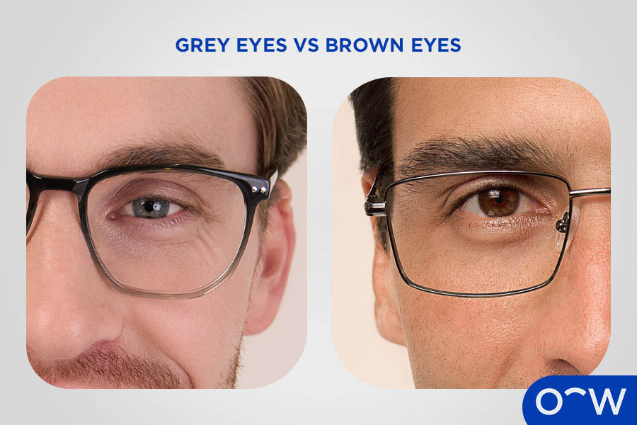 A close-up view of a grey coloured eye next to a brown eye