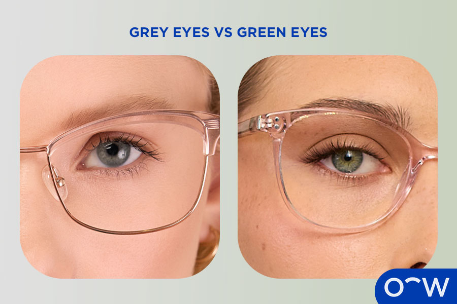Close-up view of grey eyes next to green eyes
