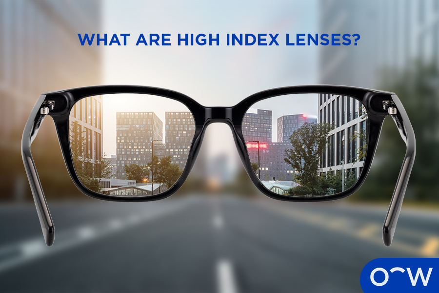 Image of eyeglasses with high index lenses showing clear image through the lenses.