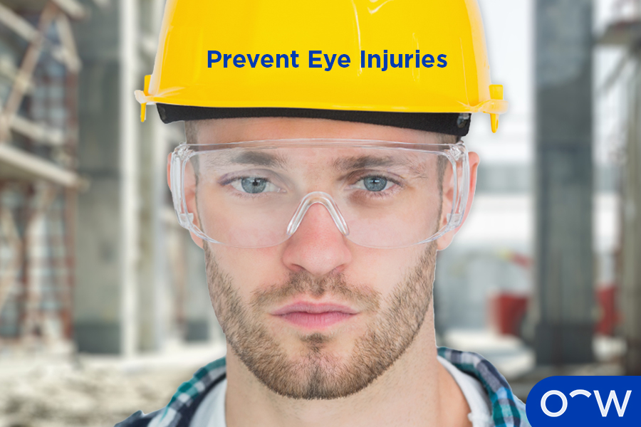 A person wearing protective eyewear to help prevent eye injuries.