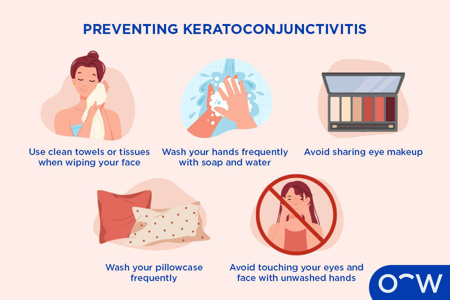 Illustrated icons displaying drying face with a clean towel, washing hands, eye make-up, pillows and a person touching their eyes with a prohibited sign behind.