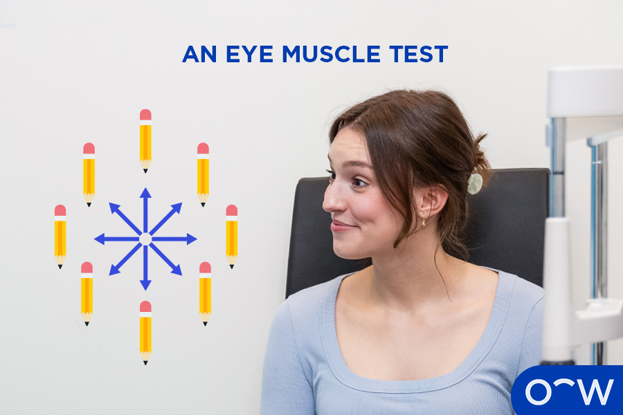 Woman looking at a pencil being moved in different directions to test eye muscles.
