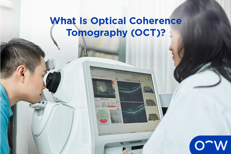 An optical coherence tomography machine, including the part for patients and results on the screen for an optometrist.