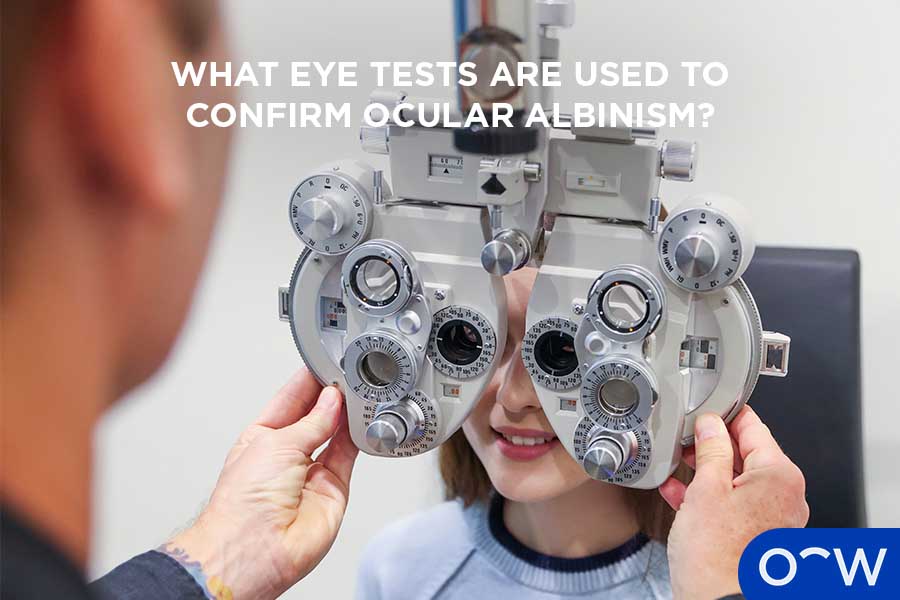 A photo of a patient having an eye test conducted by an optometrist.