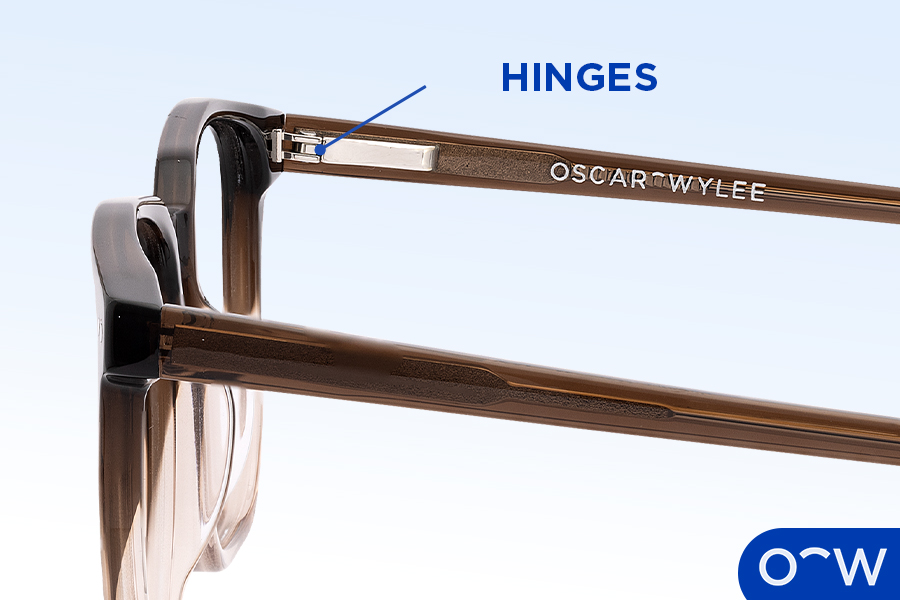 A close up of the hinges of a pair of glasses.