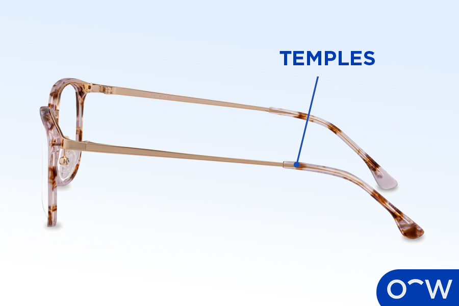 A close up of the temples of a glasses frame.