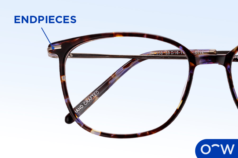 A close up showing the details of the endpieces in a glasses frame.