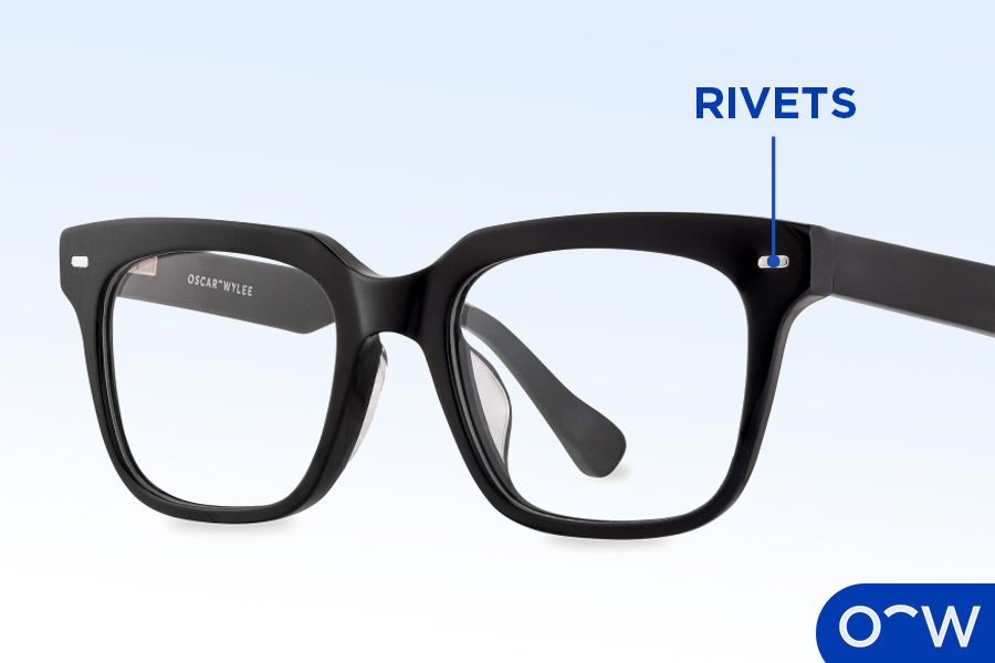 A close up of the rivets on a glasses frame.