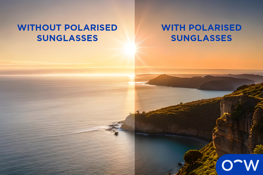 Two point-of-view images, one of a person's visual field without polarised sunglasses and one with, which has less glare.