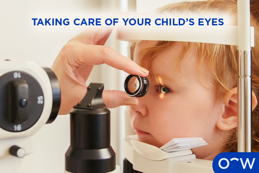 A child having a kid's eye test to take care of their vision and eye health.