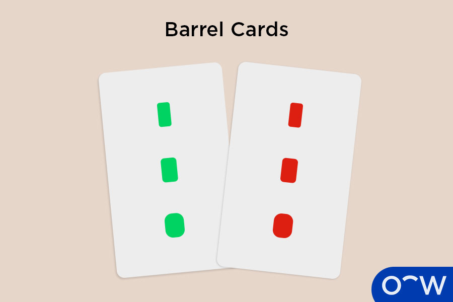 Two barrel cards, one with red barrels and one green barrels, as an eye exercise for strabismus.