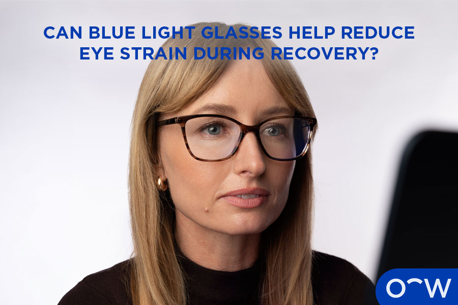 Image of a person wearing OW blue light glasses