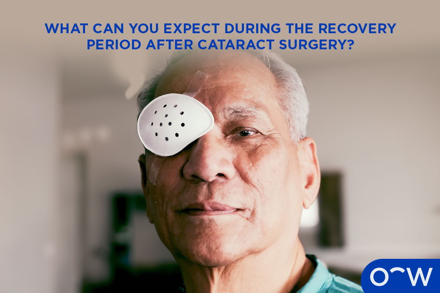 A person with an eye patch after having cataracts surgery.