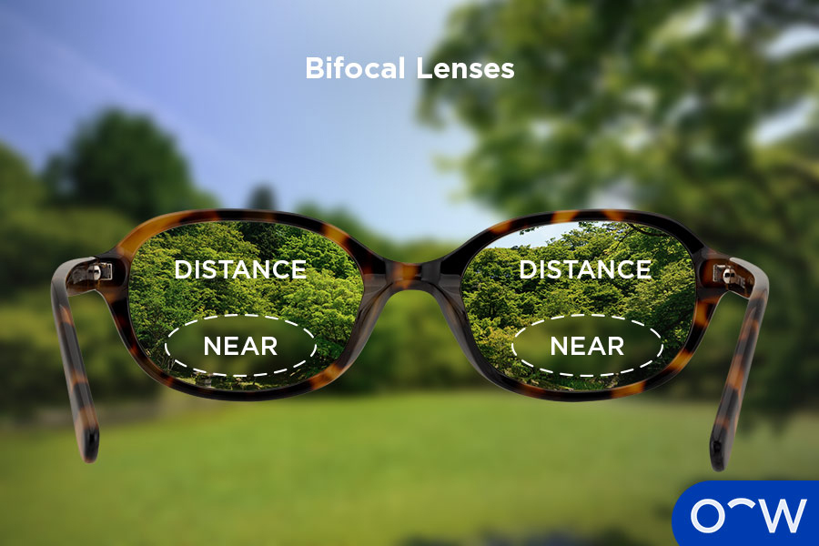 An image of bifocal lenses on a pair of glasses