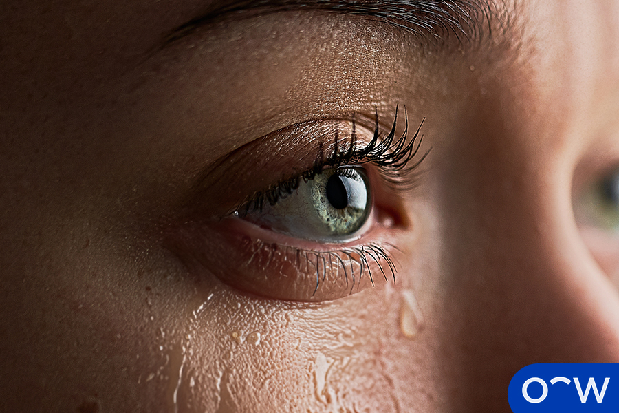 Close up of an eye with excessive tearing as a possible symptom of eye problems.