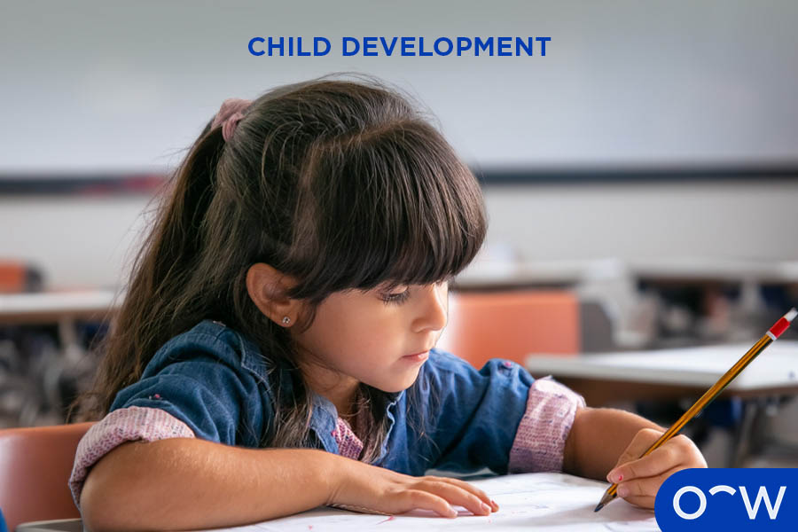 Child in school class, sitting at a desk and doing work