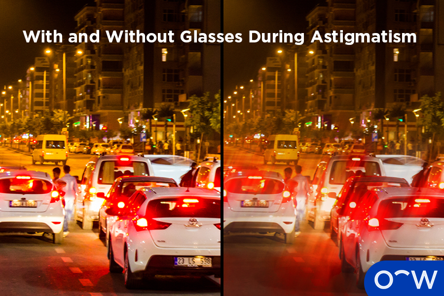 One side shows cars’ break lights appearing fuzzy while on the other side, the lights appear normal